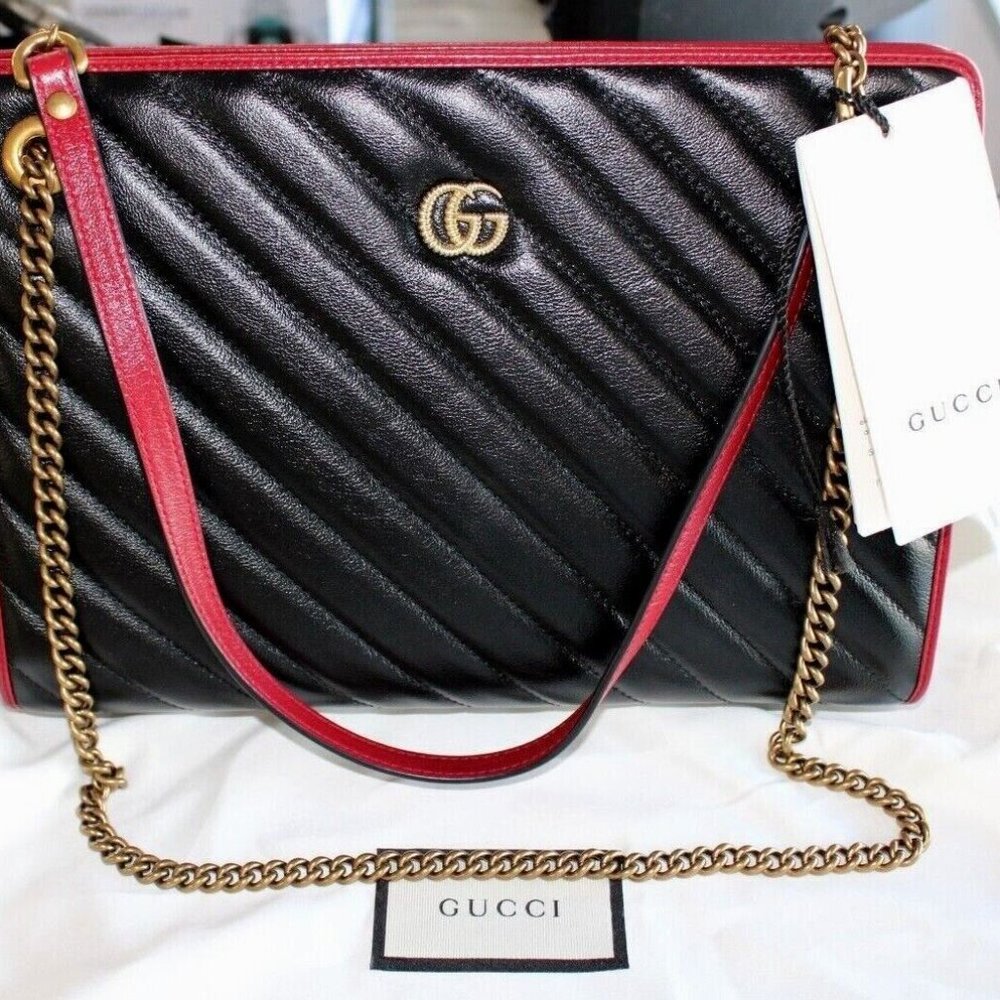 NEW GUCCI Marmont Quilted Leather Matelassé Purse Black Leather Gold Chain Red